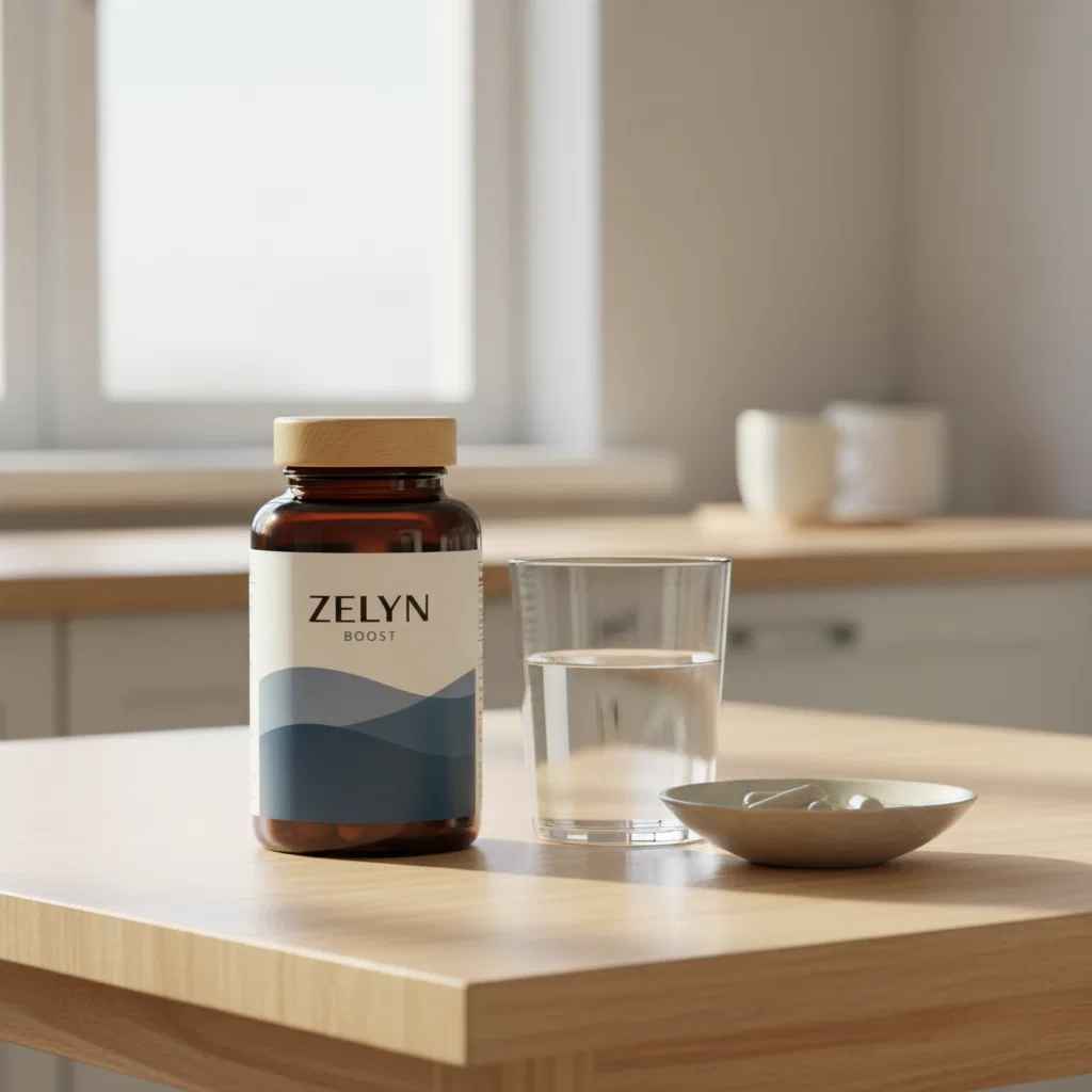 Zelyn Boost supplement bottle on a bright kitchen counter beside a glass of water and morning breakfast